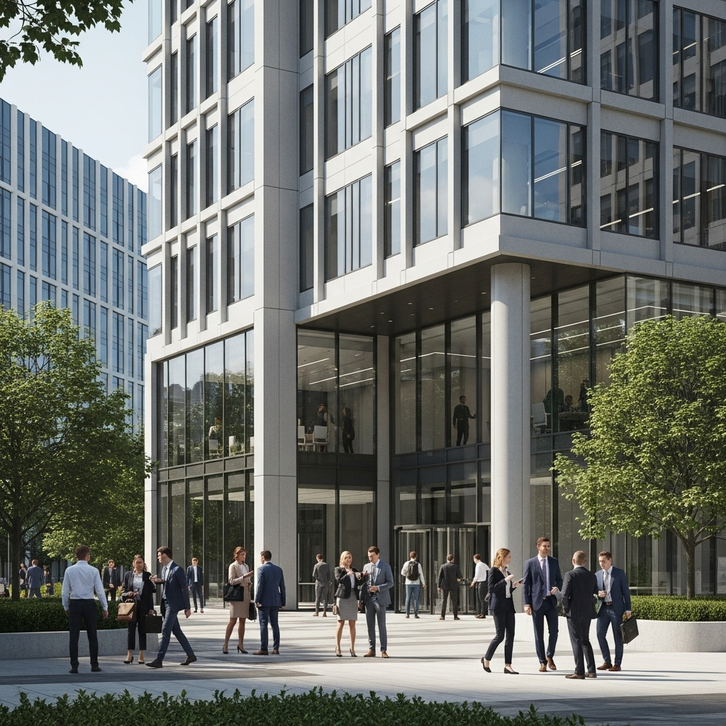 Modern office building with people in business suits walking, contemporary urban setting, professional atmosphere, natural daylight