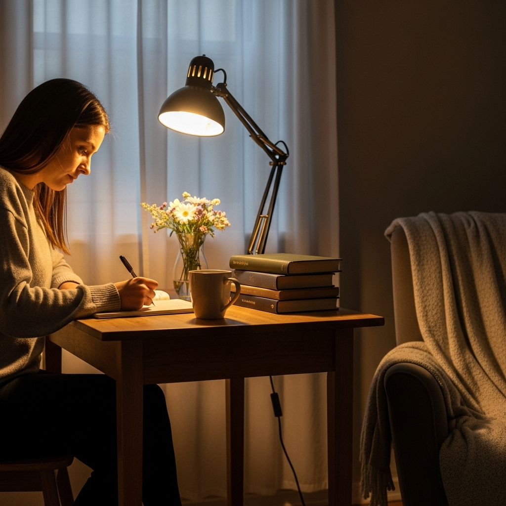 Person writing gratitude journal at wooden desk with warm lamp light, peaceful home environment, books and flowers nearby, cozy atmosphere