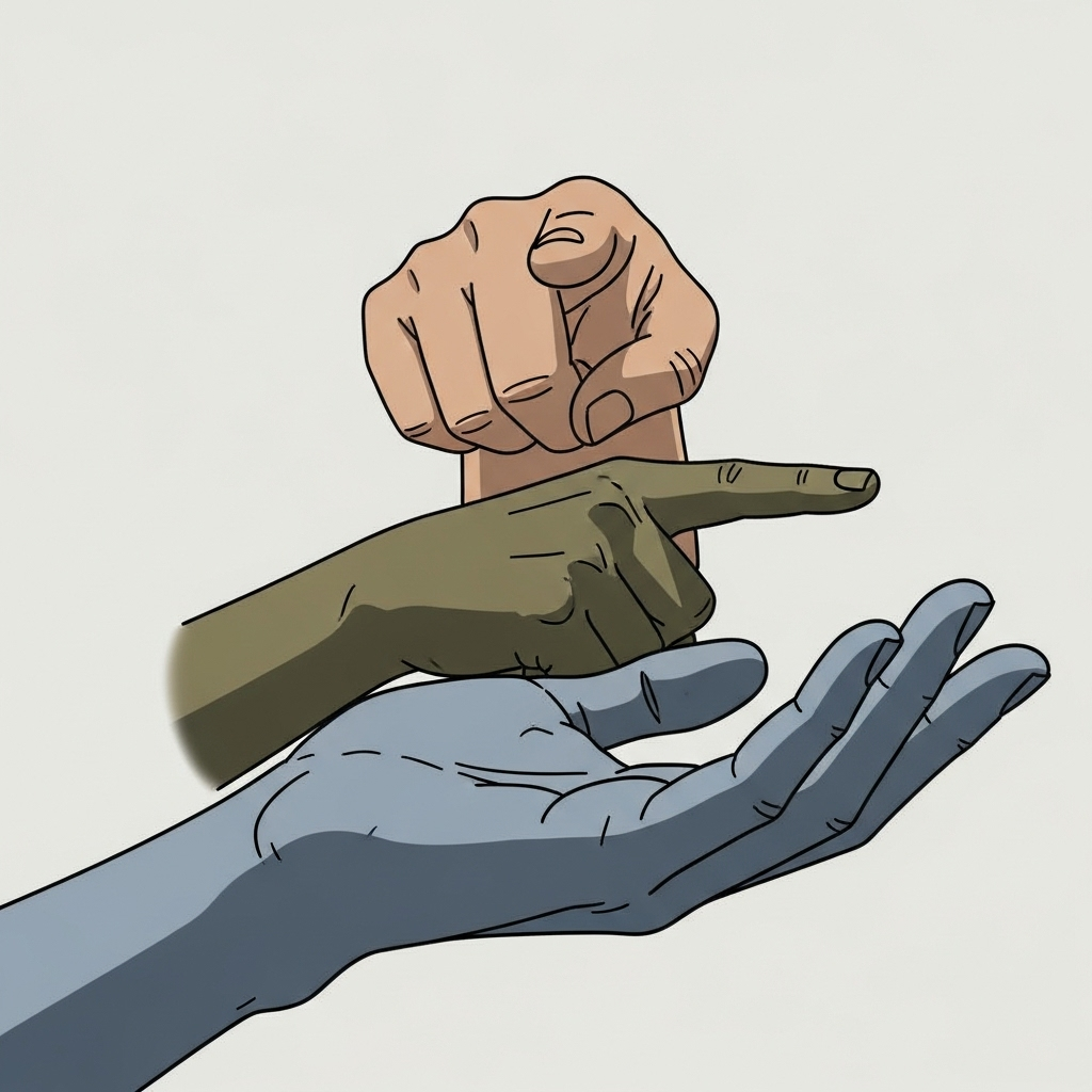 A thought-provoking illustration of two hands, one pointing a finger accusingly at another, while the other hand (belonging to the accuser) discreetly hides a similar, less ethical action behind their back. The art style is modern and clean, with muted, symbolic colors. No text in the image.