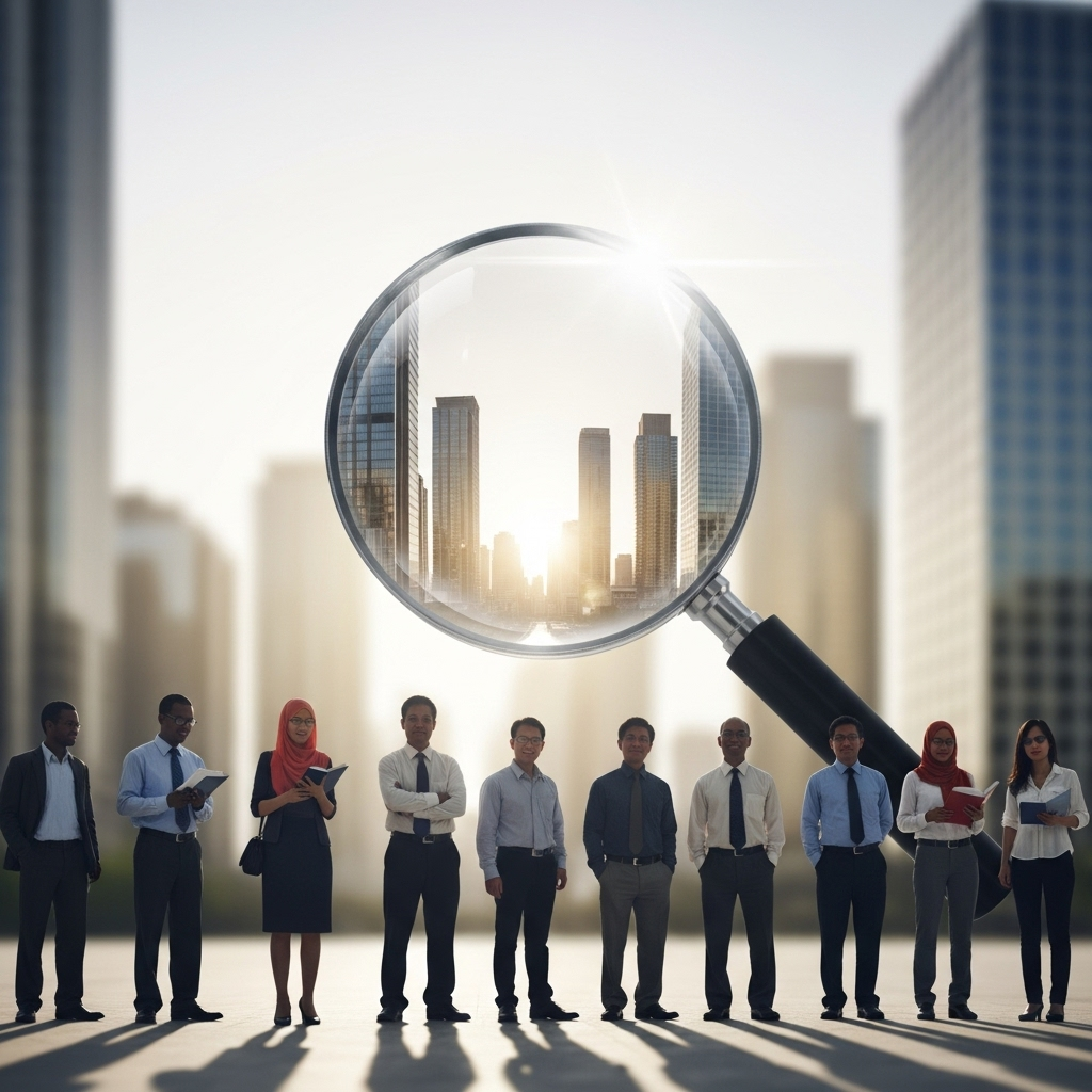 A diverse group of people from different backgrounds, thoughtfully observing a single large magnifying glass held in the center, which symbolizes scrutiny and the search for fairness in a modern urban setting. The image is clean and emphasizes diversity without specific facial features, promoting a universal sense of justice.
