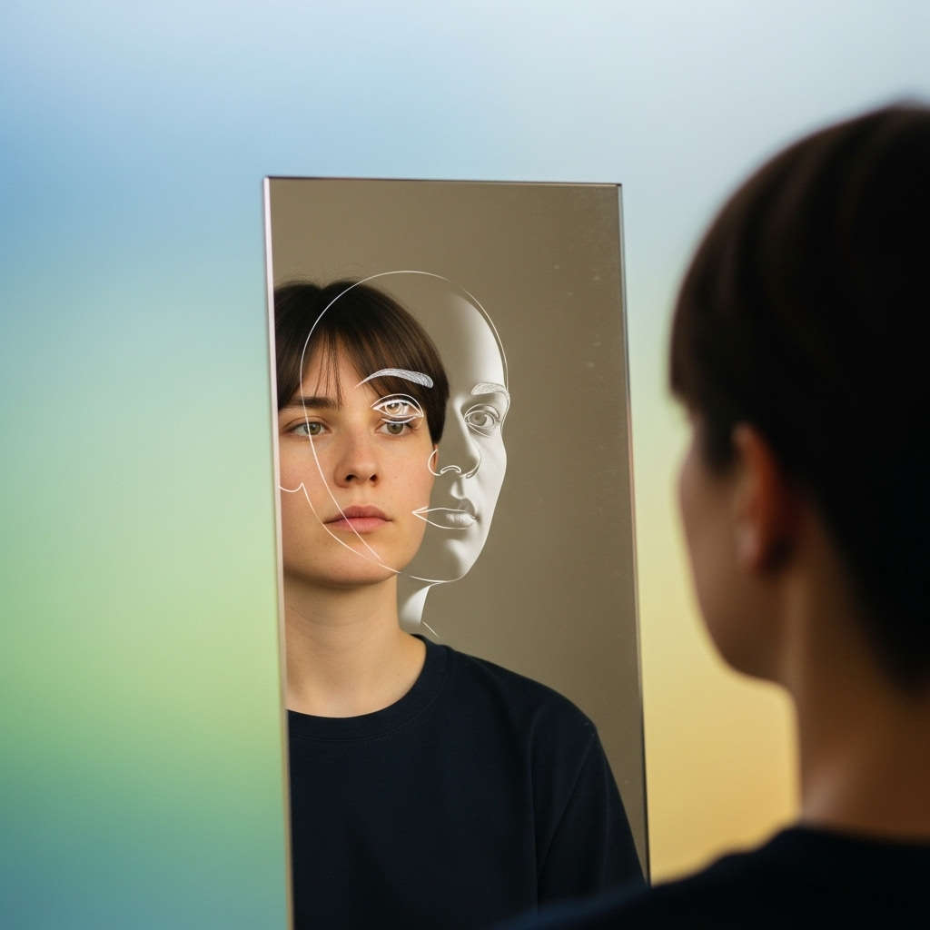 A person looking into a clear, reflective mirror, seeing not just their own image but also a faint, superimposed image of another person, symbolizing self-reflection and empathy. The background is soft and calming, suggesting personal growth and understanding. No text in the image.