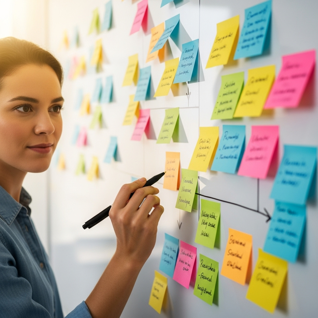 A person looking determined at a whiteboard filled with various colorful sticky notes representing goals and plans. The person is holding a pen, ready to write, with a slight smile of confidence. The background is bright and encouraging. No text on the image.