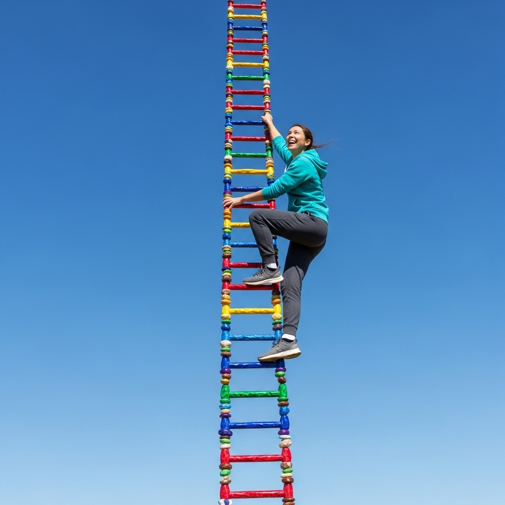 A person enthusiastically climbing a ladder with many small, colorful steps, each step representing a small achievement. The background is a bright, clear sky, symbolizing success. No text on the image.