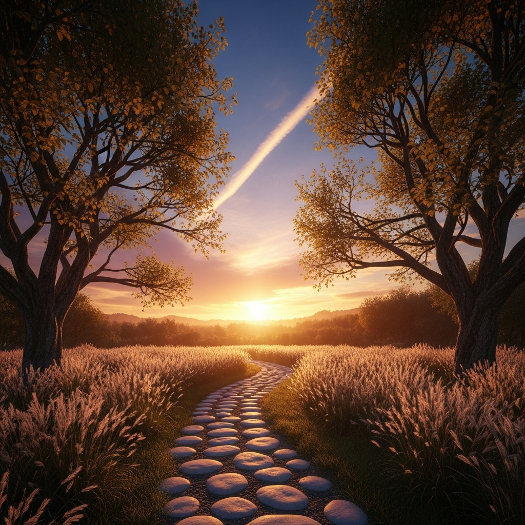 A serene, beautifully lit landscape with a single winding path leading towards a bright, distant light, symbolizing a rare opportunity. The sky shows a fleeting moment of perfect alignment with a hint of a golden hour glow. No text.