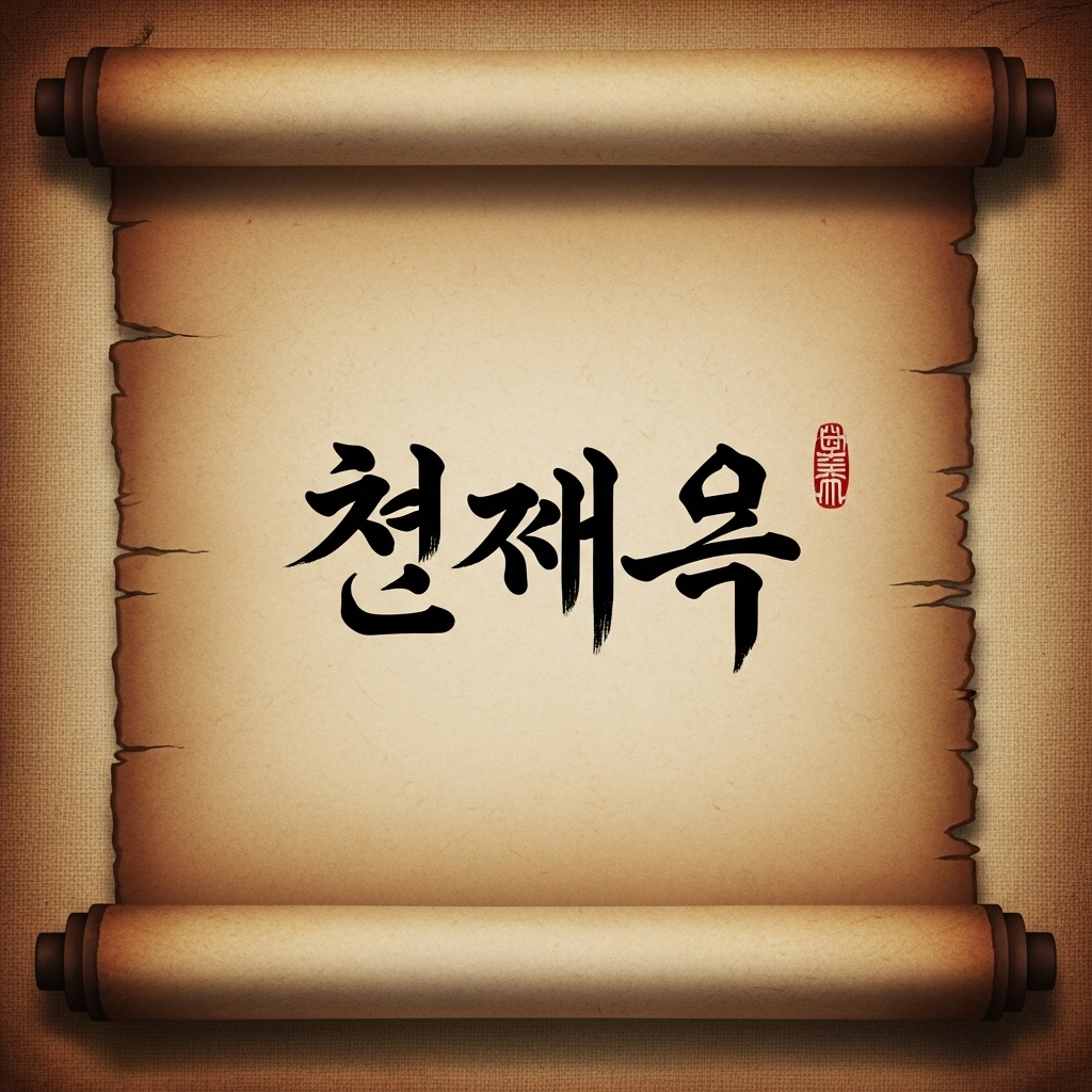 An ancient scroll or parchment with classical Korean calligraphy characters for '천재일우' beautifully rendered. The background is a soft, historical-looking texture. No modern elements, just the characters and background.