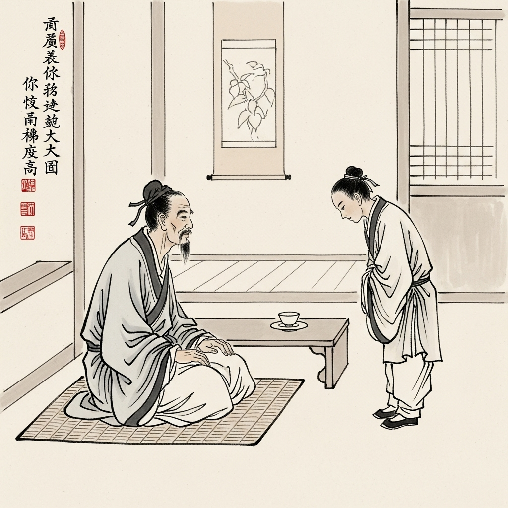 A stylized, traditional ink wash painting depicting a historical scene of two figures meeting, one older and one younger, in a humble setting, suggesting a pivotal encounter. The style is classic East Asian art. No text.