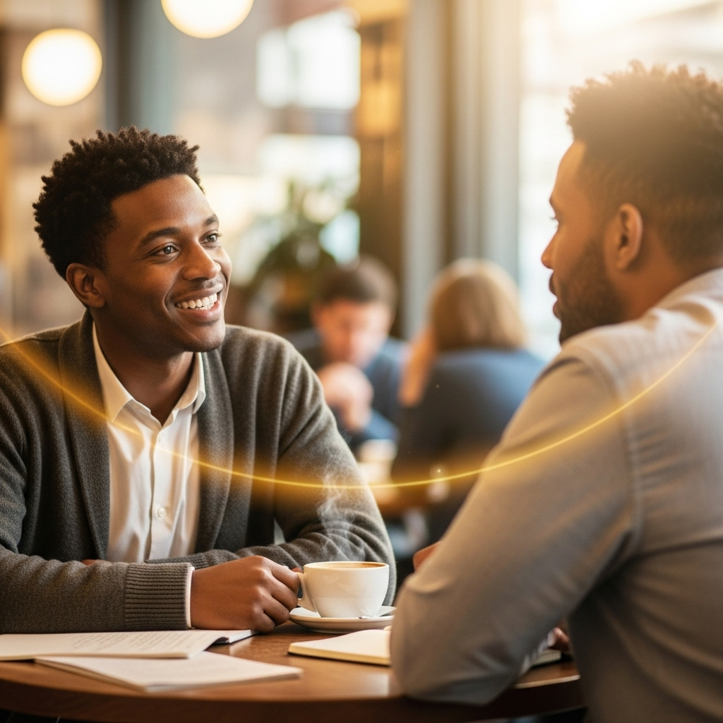 A person smiling and making eye contact while deeply engaged in conversation with another person at a cafe, surrounded by a subtle aura of positive connection and shared ideas. No text.