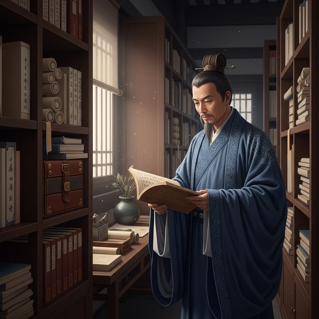 교언영색 - A traditional Chinese scholar in ancient robes standing in a library with ancient books, contemplating wisdom, soft lighting, peaceful atmosphere