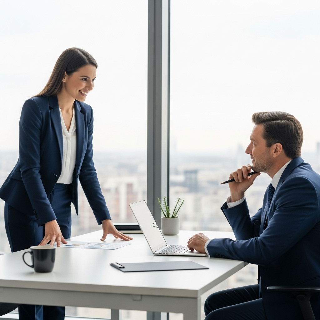 Two people having a conversation in a modern office setting, one person smiling artificially while the other looks thoughtful, business attire, professional environment
