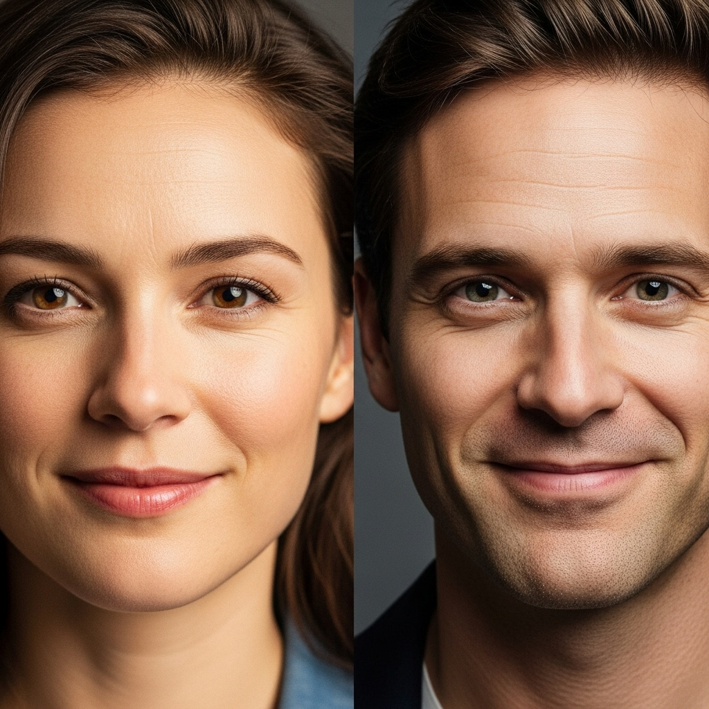 A split-screen comparison showing genuine vs artificial expressions, two people side by side with contrasting facial expressions, warm lighting, artistic composition