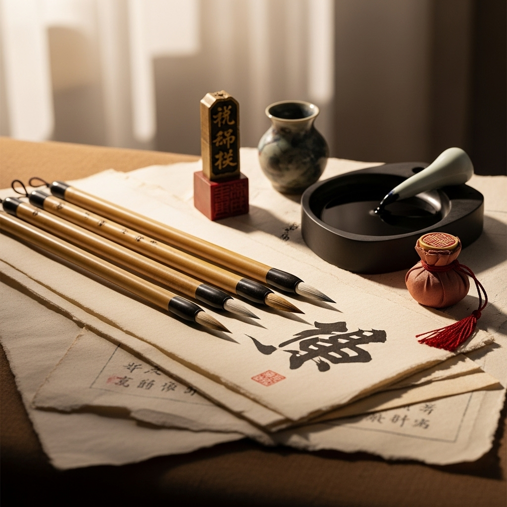 Ancient Chinese calligraphy brushes and traditional writing materials on aged paper, elegant composition, soft natural lighting, cultural heritage theme