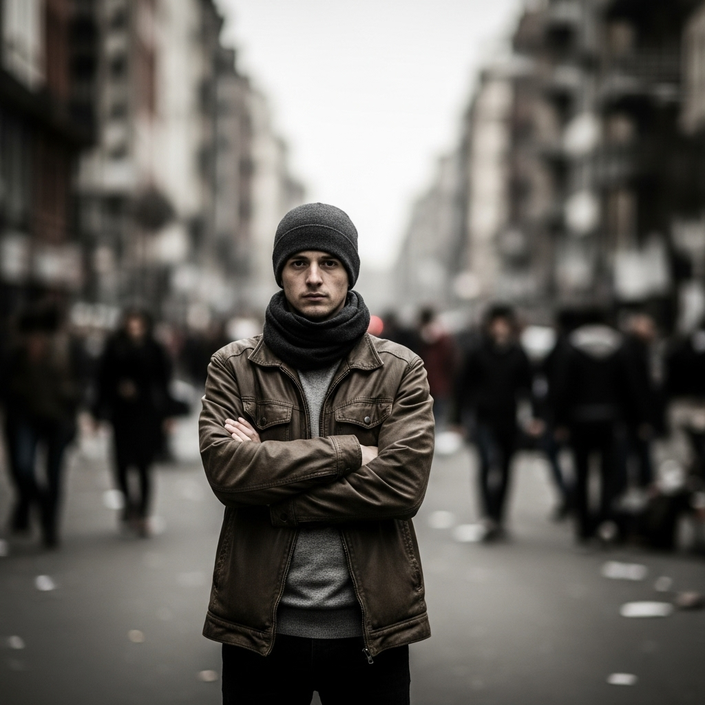 A person stands with arms crossed, looking at a chaotic scene from a distance, surrounded by blurry figures, depicting indifference and inaction. The setting is a bustling street, but the focus is on the isolated, observing individual. Colors are muted to emphasize the feeling of detachment.