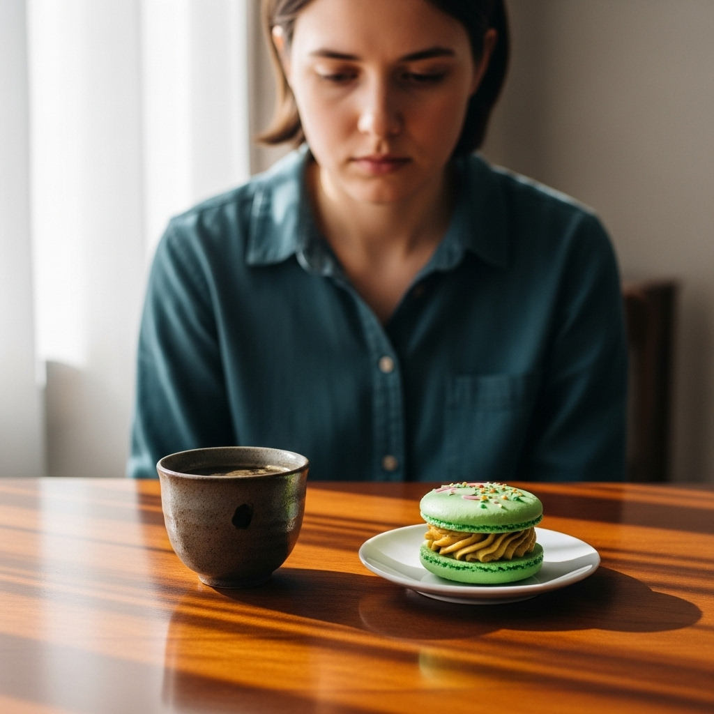 감탄고토 - A person thoughtfully looking at a bitter drink (e.g., green tea or a traditional herbal medicine) and a sweet dessert (e.g., a colorful macaron) on a table, with a slightly contemplative expression. The setting is bright and calm, conveying a sense of reflection.