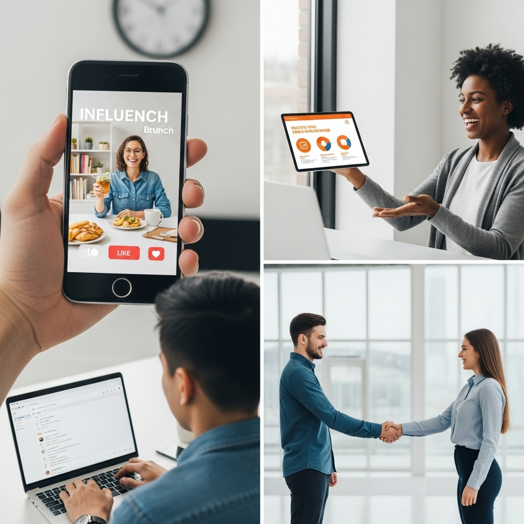 A collage of various scenes depicting modern life: a person pretending to be busy on a phone avoiding eye contact with a colleague, a person enthusiastically promoting a product on social media, another person scrolling through negative comments with a dismissive expression, and a smiling handshake turning into a cold shoulder. The overall tone subtly hints at superficiality.