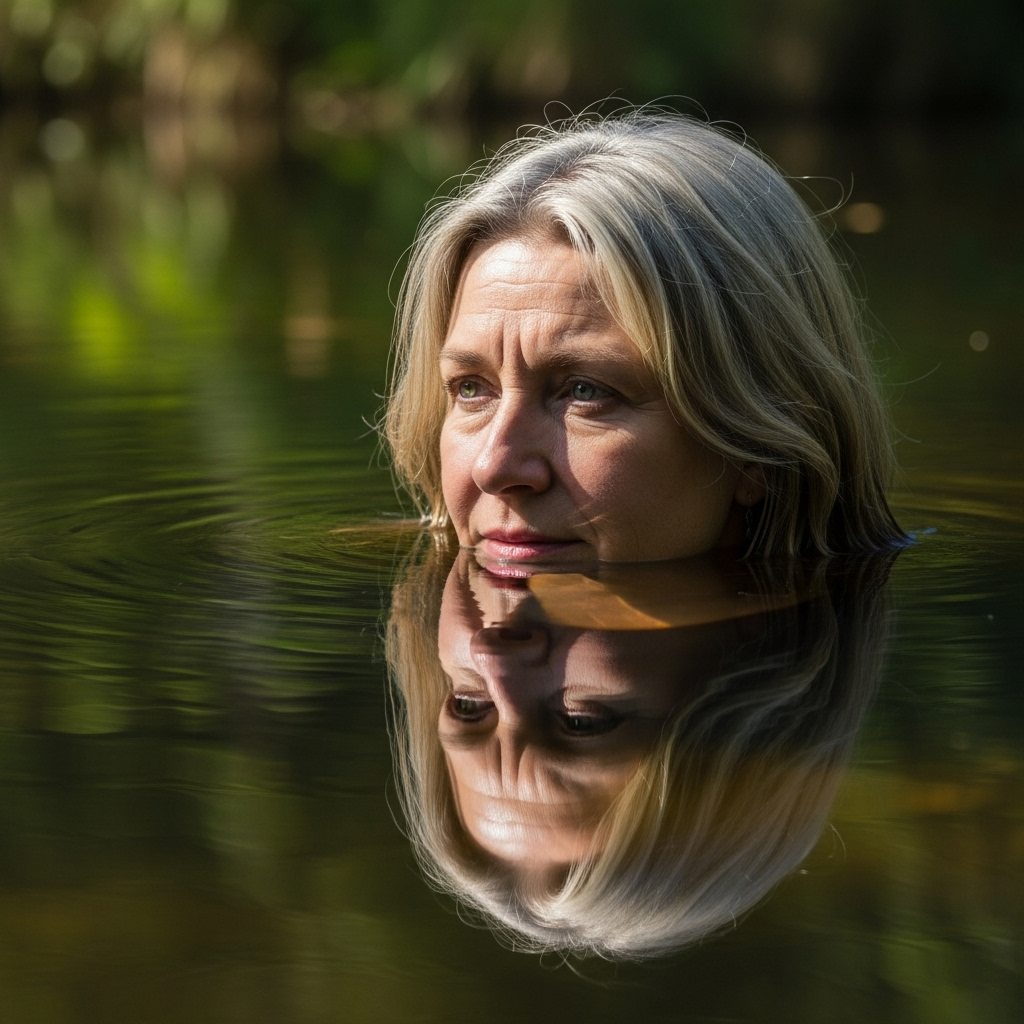 A person looking at their reflection in a calm pool of water, which shows a slightly wiser and more compassionate version of themselves. The setting is a peaceful garden with gentle sunlight, symbolizing introspection and growth.