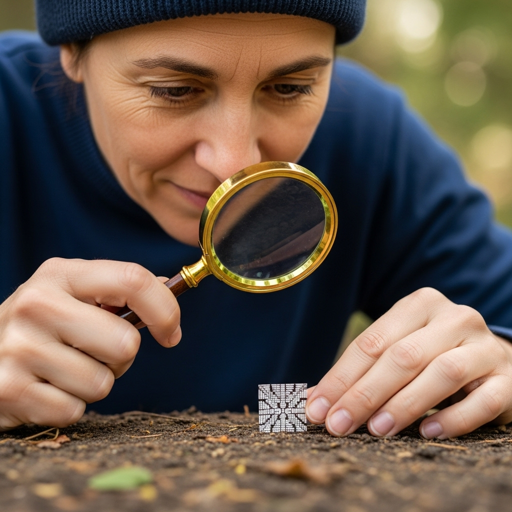 A person holding a magnifying glass, looking closely at a small, intricate pattern, with a bright, curious expression. The background is slightly blurred but suggests a calm, natural setting. No text in the image.