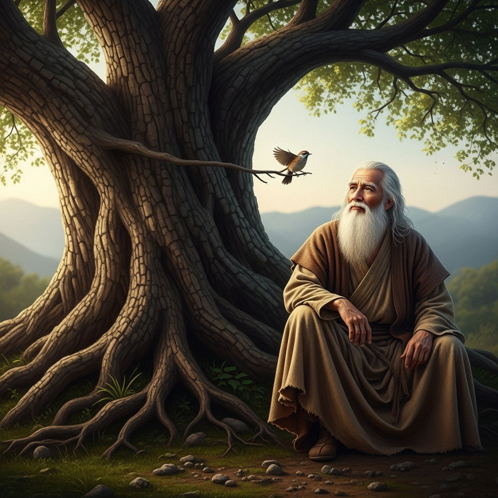 An ancient sage figure, with a long white beard, sitting under a large, gnarled tree, gazing contemplatively at a small bird perched on a branch. The scene has an aged, wisdom-filled aesthetic. No text in the image.