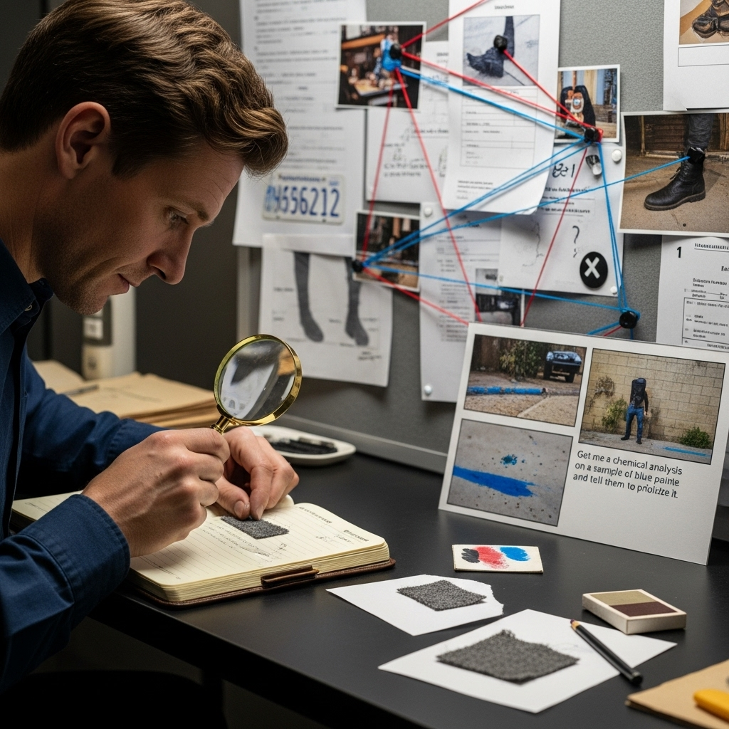 A detective examining small clues that gradually reveal a bigger picture, magnifying glass focusing on tiny details, modern investigation scene with evidence board in background