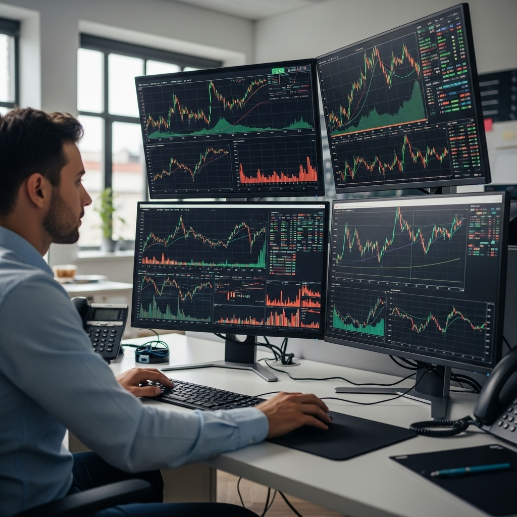 A modern business person analyzing data trends on multiple screens, small charts and graphs connecting to show larger market patterns, professional office environment, focused concentration