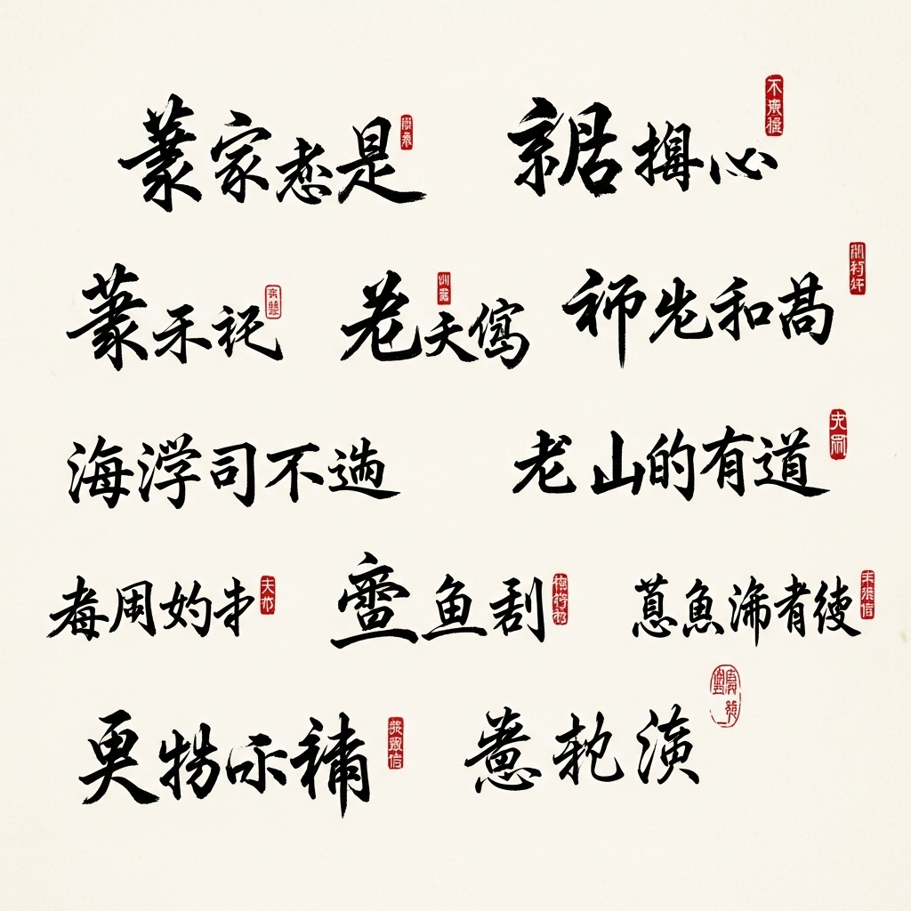Traditional Chinese calligraphy showing various related idioms written in elegant black ink on white paper, with a peaceful study room background, brush and inkstone nearby