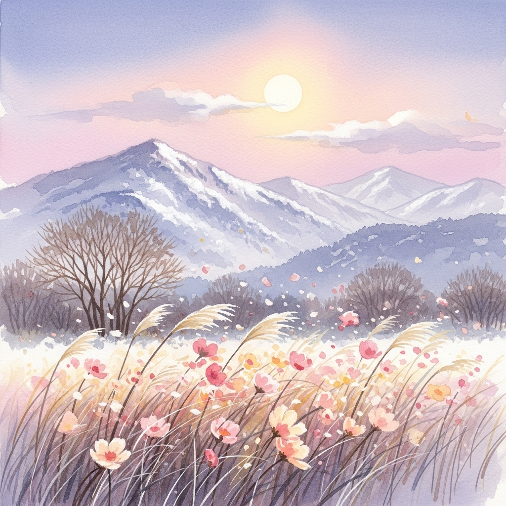 A serene traditional Korean landscape painting showing wind-blown flowers, snow-covered mountains, and a full moon in the sky, painted in watercolor style with soft pastel colors
