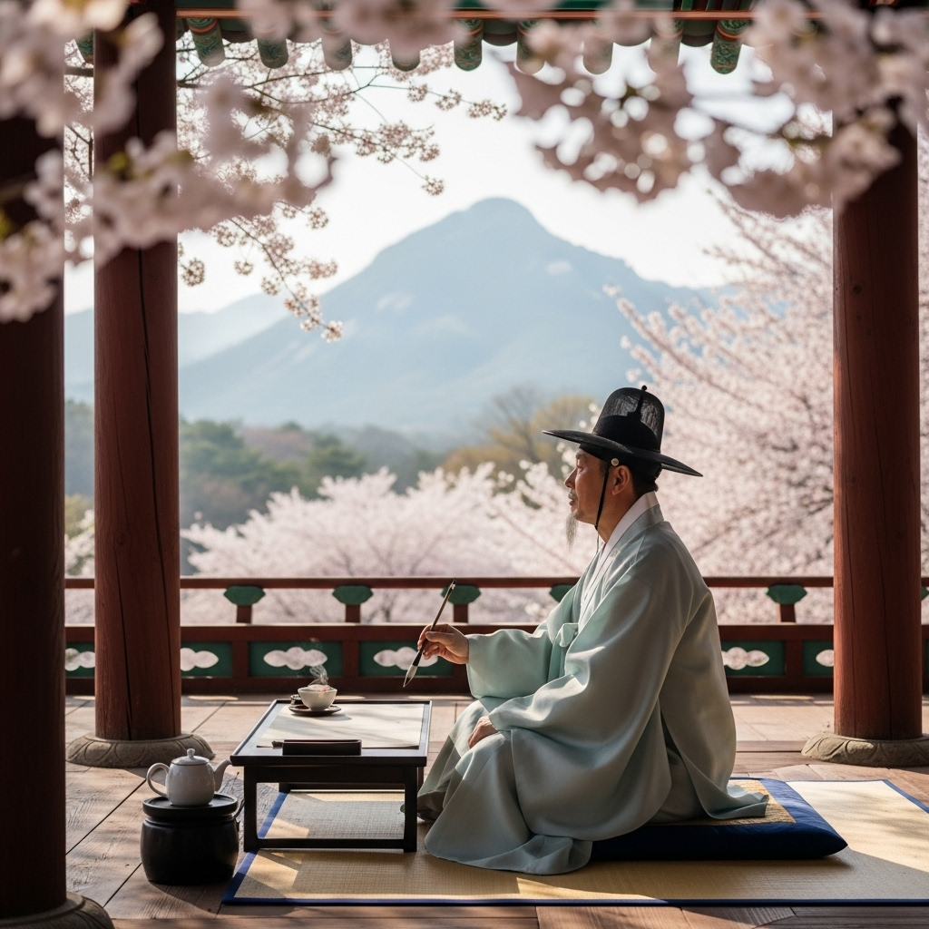A traditional Korean scholar in hanbok sitting under a pavilion, contemplating nature while holding a brush, surrounded by cherry blossoms and mountain scenery