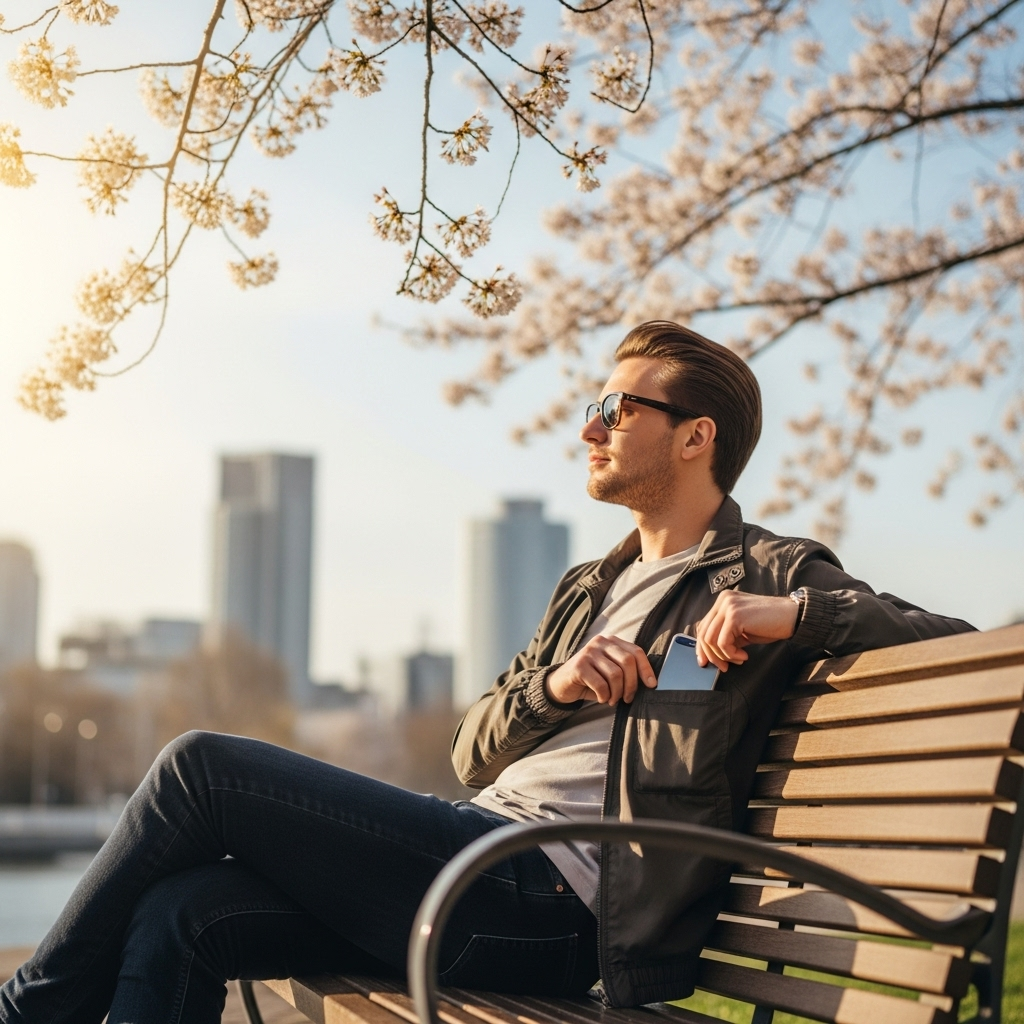 A modern person sitting peacefully in a city park, looking at cherry blossoms while putting away their smartphone, with urban buildings softly blurred in the background