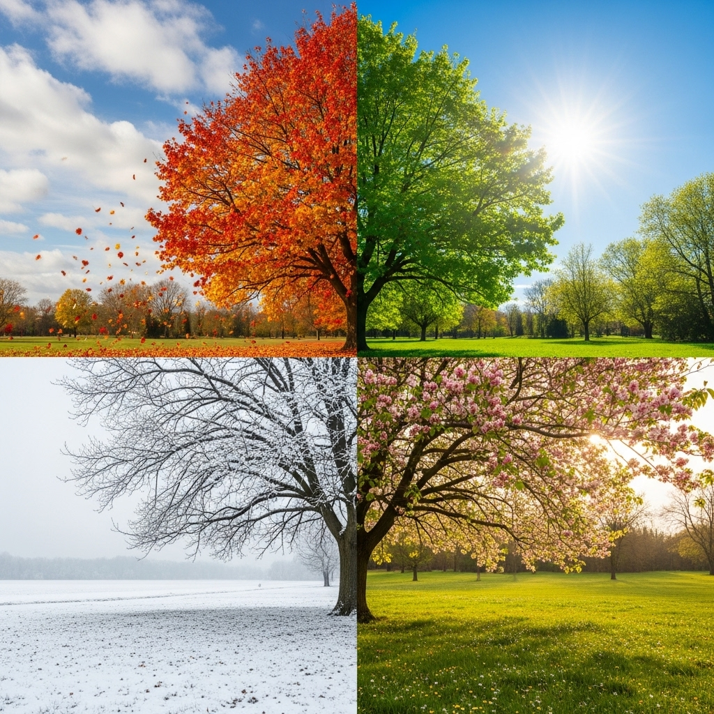 Four season scenes merged together showing the same tree in different seasons - spring flowers, summer green, autumn leaves, winter snow, representing the cycle of nature and time