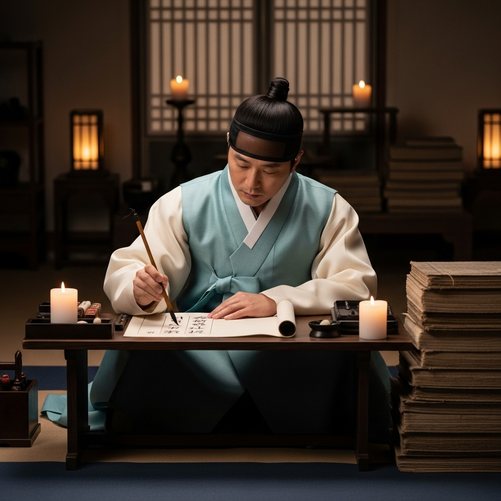 다다익선 - A traditional Korean scholar in hanbok sitting at a wooden desk with ancient books, writing with a brush under soft candlelight, representing wisdom and learning