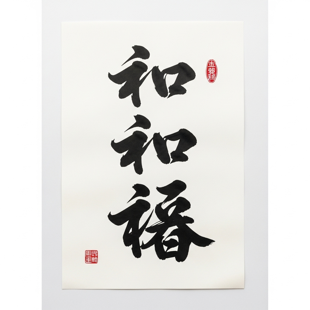Beautiful Chinese calligraphy characters for "多多益善" written on white paper with traditional ink brush, artistic composition with soft lighting