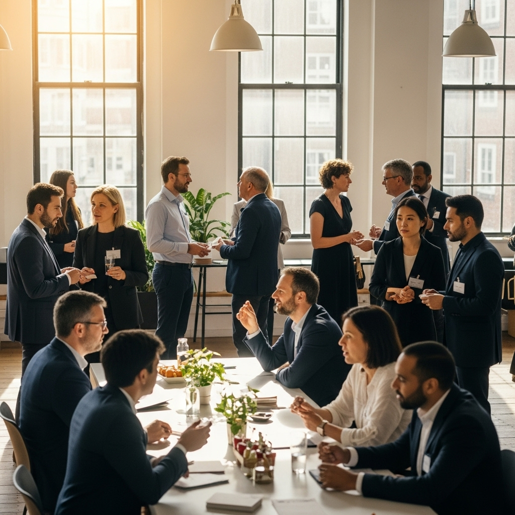 Modern professional networking scene with diverse people connecting and sharing ideas in a bright office environment, representing positive human connections