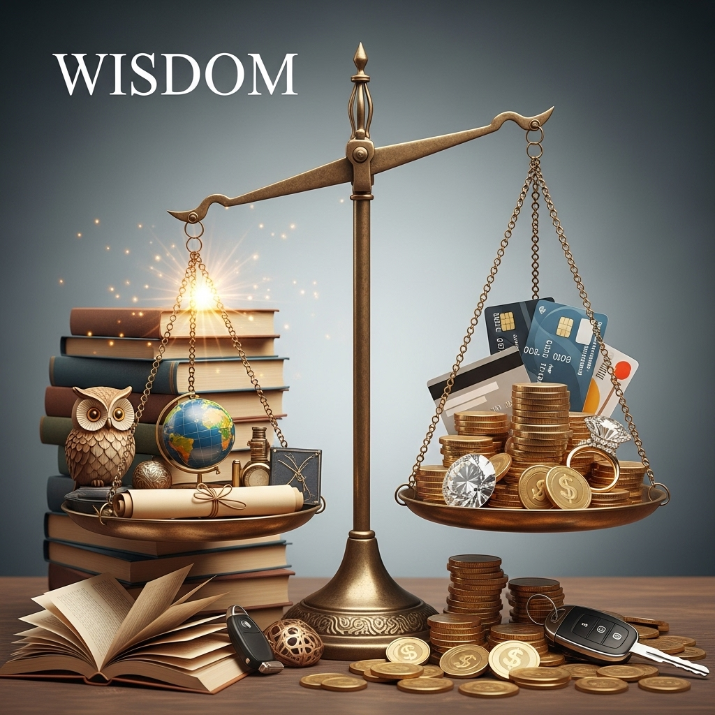 A balanced scale with books and wisdom symbols on one side and material possessions on the other, representing the balance between quantity and quality in life choices