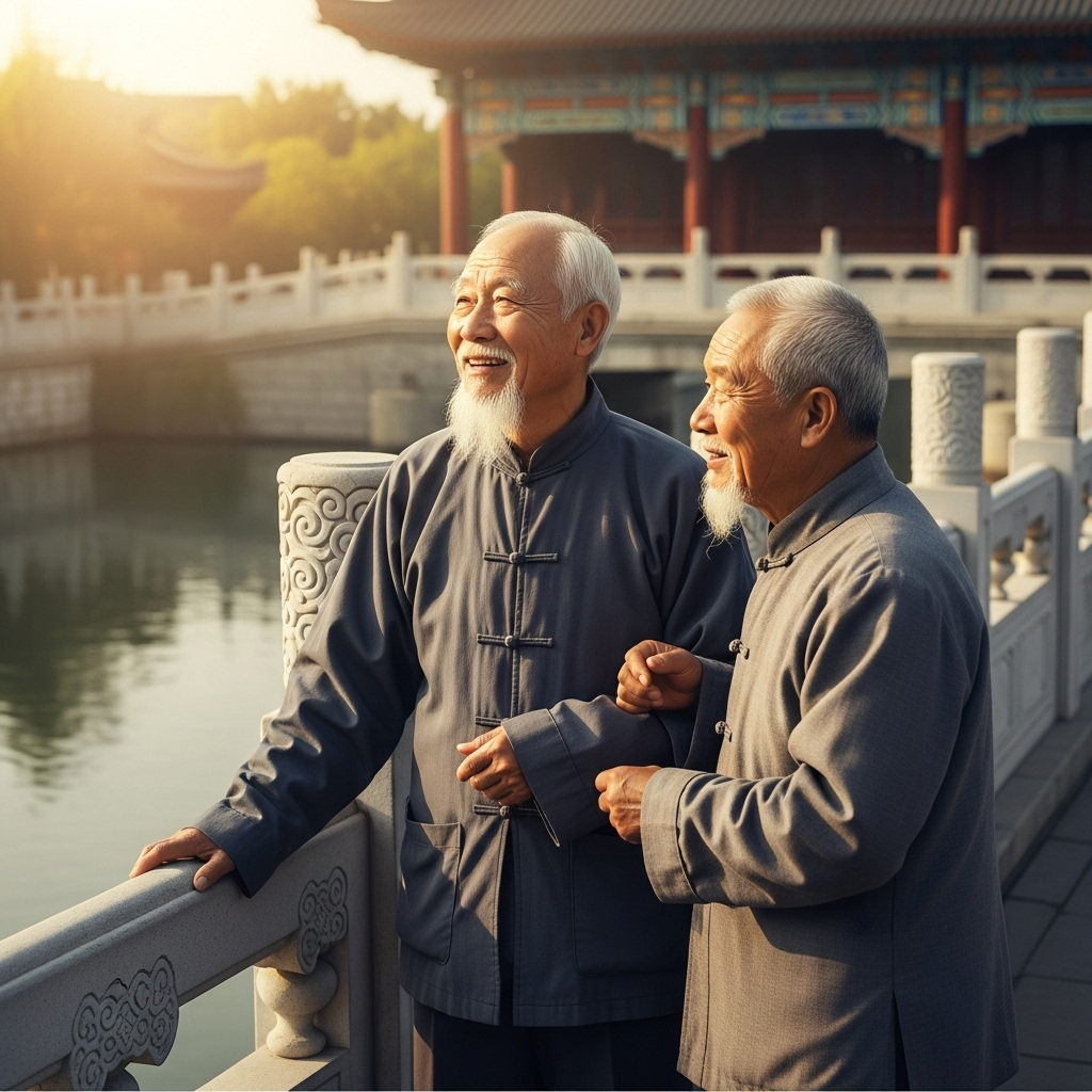 Two ancient Asian men, one with a wise smile, the other looking at him with trust, standing on a traditional Chinese bridge over a calm river, bathed in warm sunlight. The atmosphere is serene and signifies deep companionship.