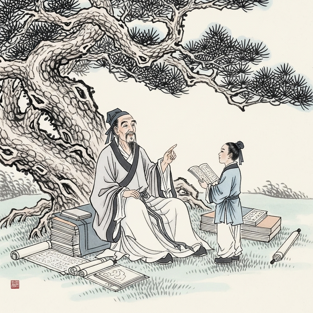 An ancient Chinese scholar sitting under a tree, looking surprised and pleased while observing a young student who has grown remarkably, with books and scrolls around them, traditional ink painting style