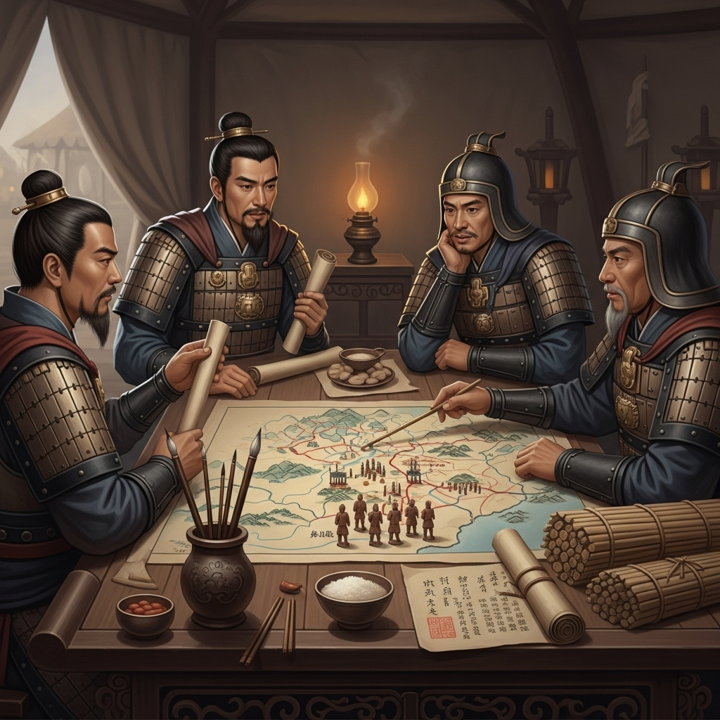 Ancient Chinese generals in traditional armor discussing strategy around a war table with maps and scrolls, one looking amazed at another's wisdom, historical illustration style