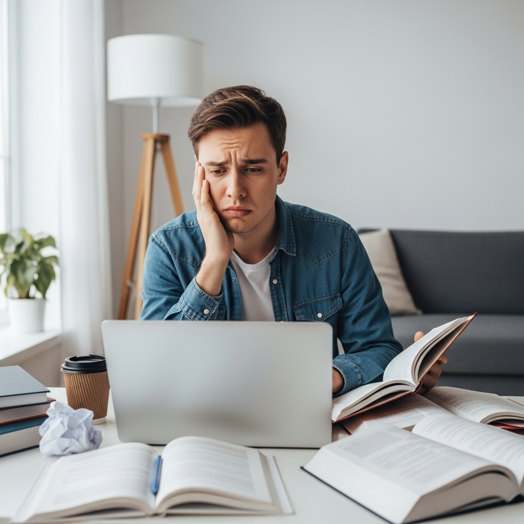 A modern person studying online on laptop with books, showing transformation from confused to confident, bright modern room setting
