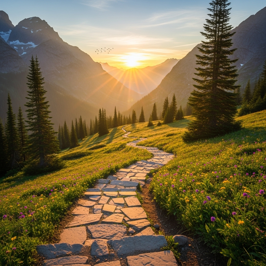 A beautiful sunrise over mountains with a winding path leading upward, symbolizing daily progress and continuous improvement, peaceful morning atmosphere with golden light