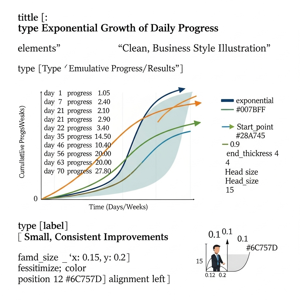 A graph showing exponential growth curve with small daily improvements building into massive progress over time, clean business style illustration with upward trending arrow