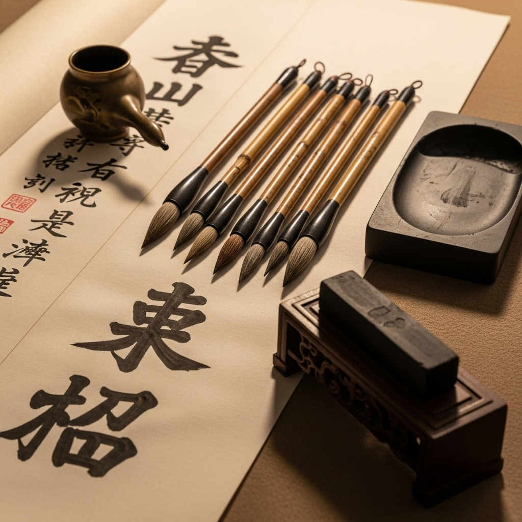 Traditional Asian calligraphy brushes and ink stone with beautiful Chinese characters written on scroll paper, artistic lighting highlighting the elegant strokes