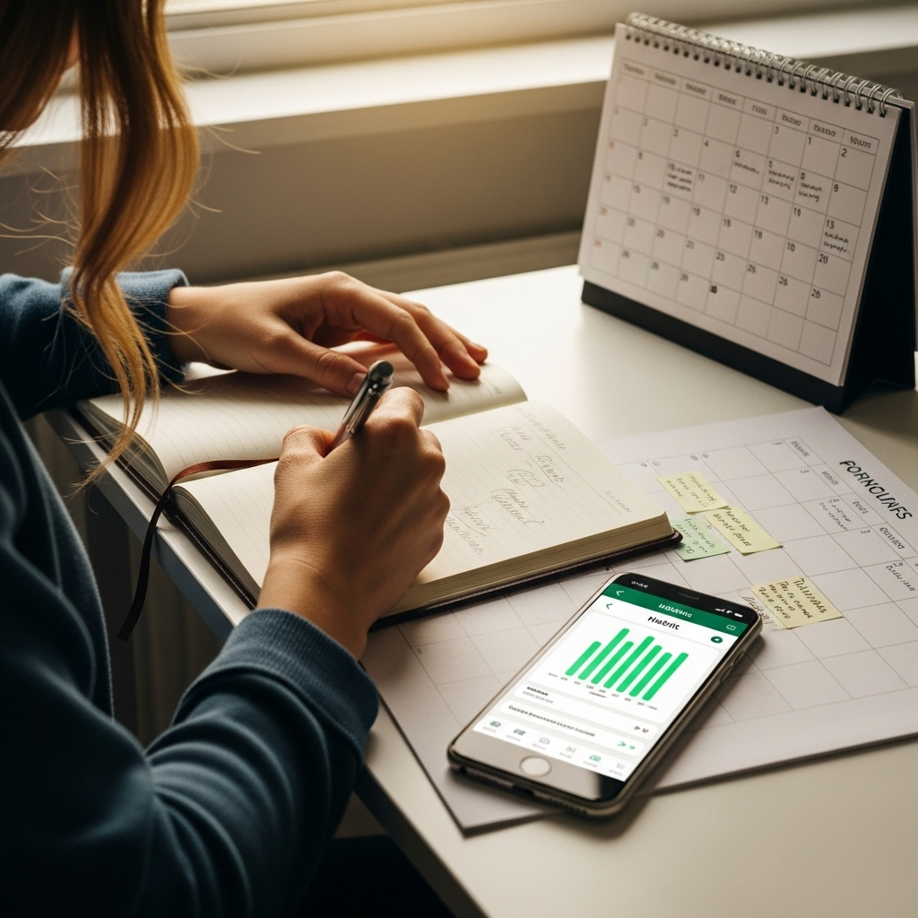 A person writing in a journal with a calendar and smartphone nearby, showing habit tracking and goal setting, warm natural lighting creating a productive atmosphere