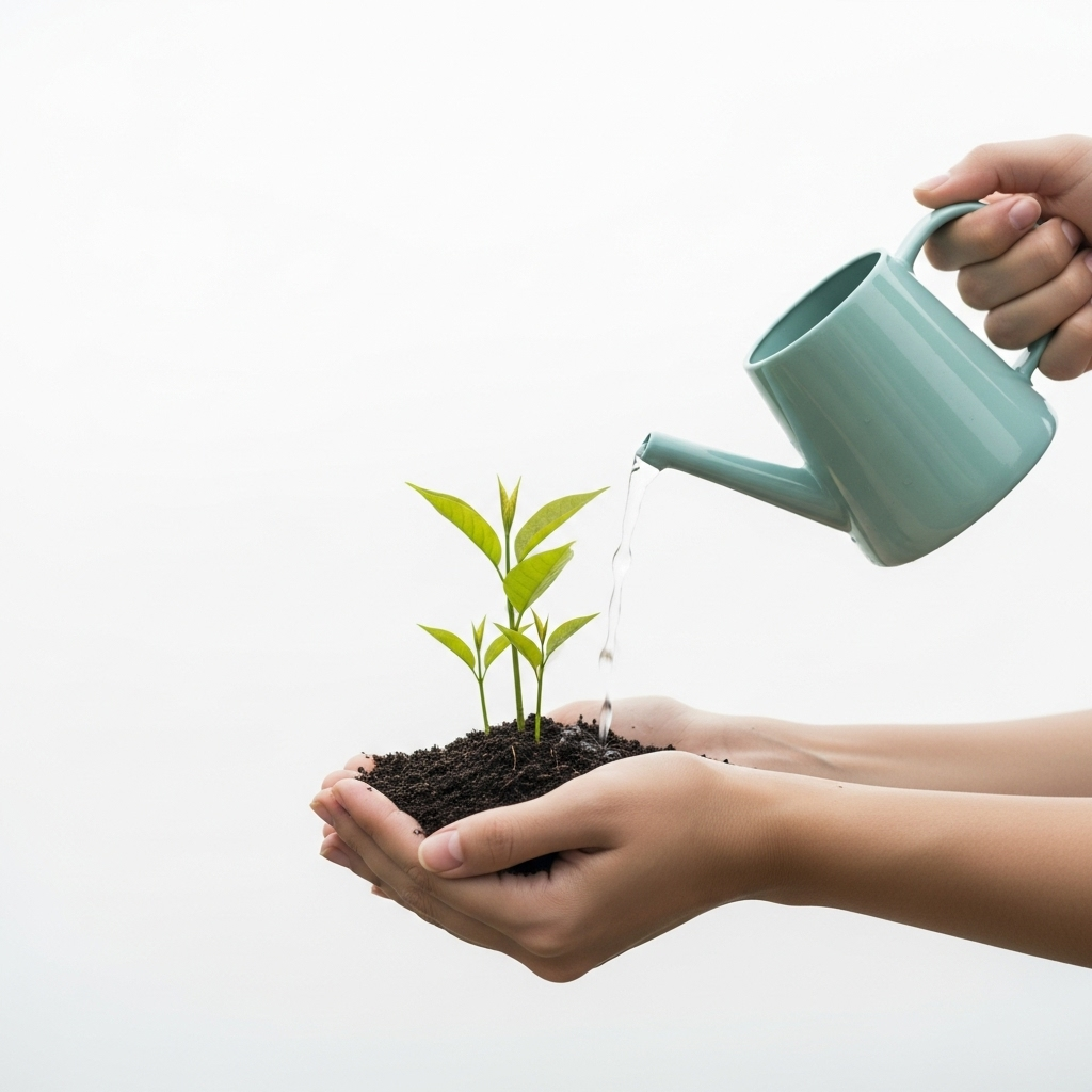 A minimalist illustration of hands watering a small, growing plant. The plant has several new shoots appearing, symbolizing continuous growth and renewal. No text in the image.__일신월성