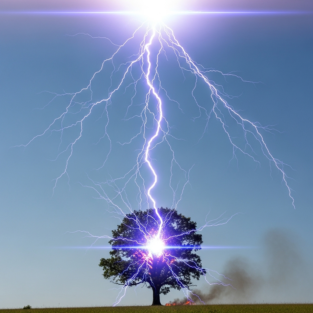 A dramatic scene of lightning striking from a clear blue sky with no clouds, bright electric bolts against azure background, realistic natural lighting, cinematic composition__청천벽력