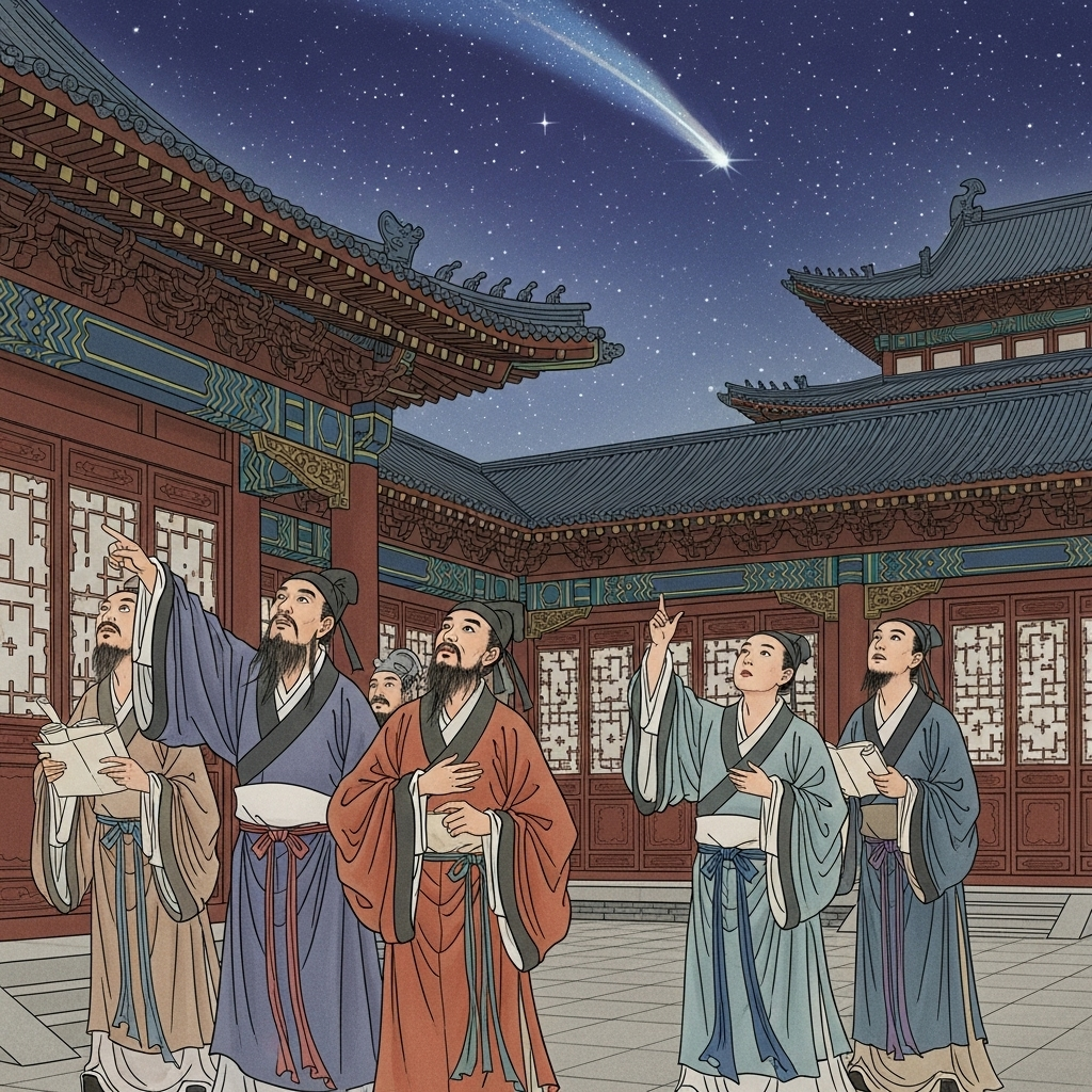 Ancient Chinese scholars looking up at the sky in surprise, traditional Chinese clothing, classical architecture in background, historical painting style__청천벽력