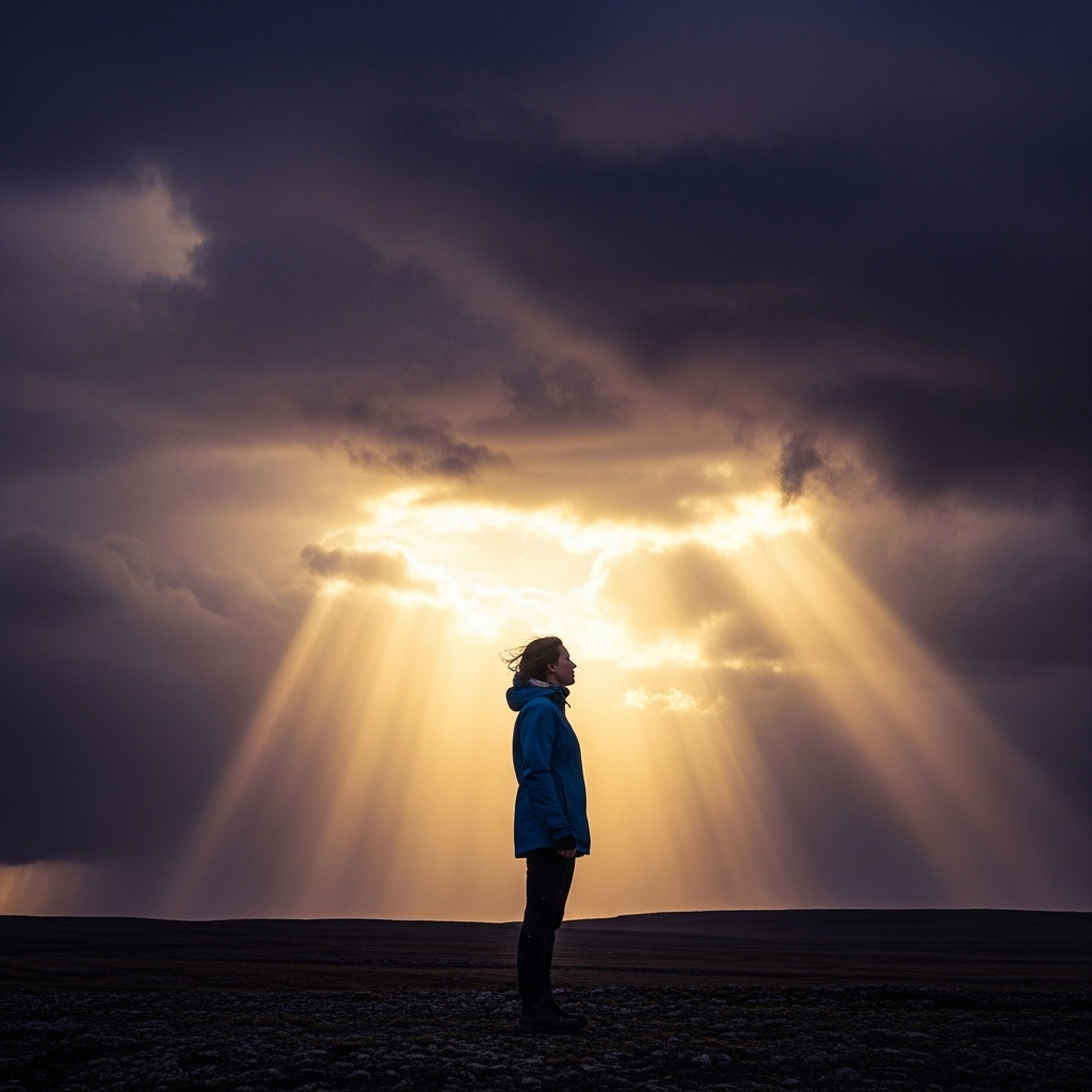 A person standing calmly while storm clouds gather overhead, showing resilience and preparedness, dramatic lighting, inspiring composition__청천벽력