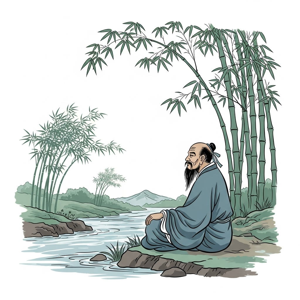 A wise traditional Asian sage sitting calmly by a flowing river, with bamboo trees bending gracefully in the wind, representing flexibility and adaptation to changing circumstances__수시변통