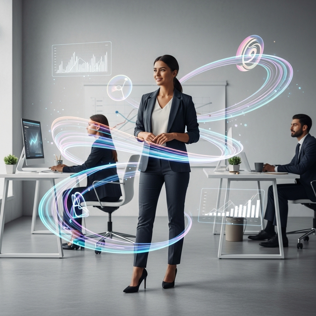 A modern businesswoman gracefully adapting to different situations, with flowing elements representing change and flexibility around her in an office environment__수시변통