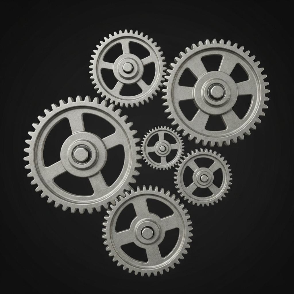 Five interconnected gears of different sizes smoothly working together, representing harmony between stability and change, with soft lighting and mechanical precision__수시변통