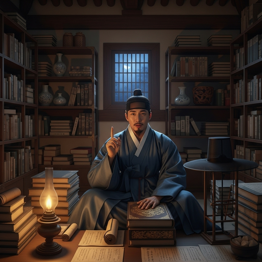 A traditional Korean scholar sitting elegantly with ancient books, demonstrating eloquent speaking gesture with raised finger, surrounded by classical library setting with warm lighting__통권달변