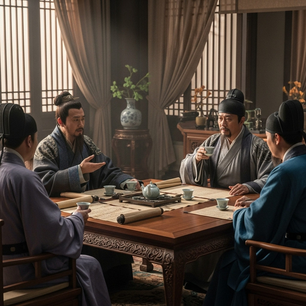 Ancient Chinese diplomatic scene with elegantly dressed officials engaged in serious discussion around a traditional table with scrolls and tea, showing strategic conversation__통권달변