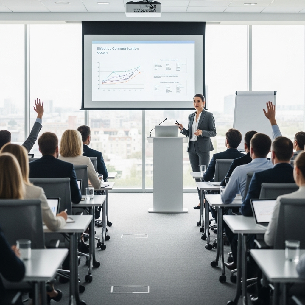 Modern business presentation scene with confident speaker at podium addressing engaged audience in bright conference room, showing effective communication__통권달변